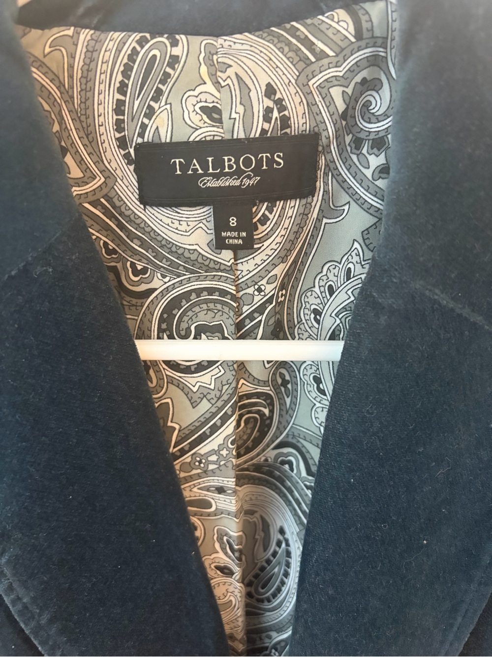 Talbots Teal Velvet Jacket with Paisley Lining